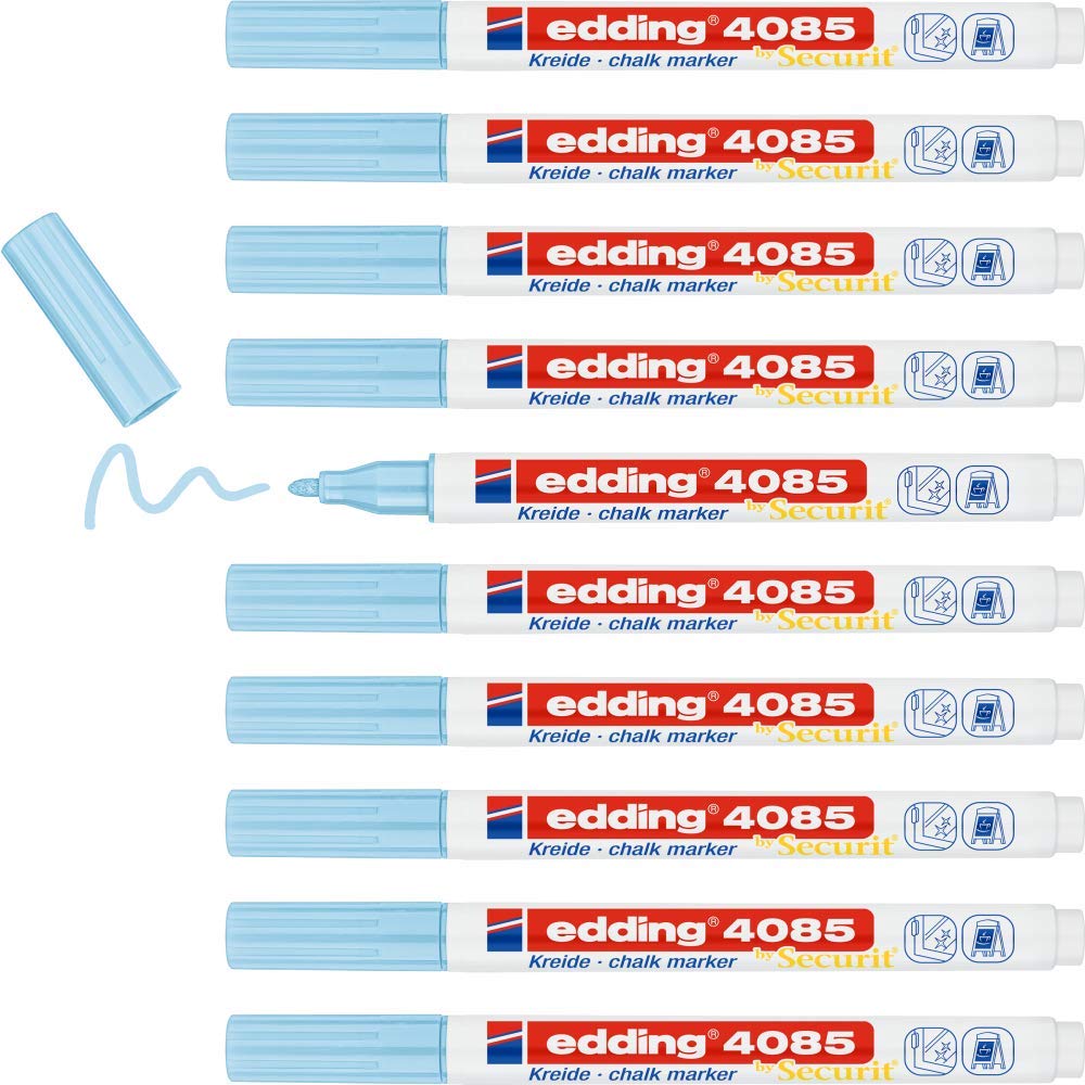 edding 4085 chalk marker - pastel-blue - 10 chalk pens - round tip 1-2 mm - fine-tipped wet wipe pen for chalkboards, windows, glass, mirrors - liquid chalk marker pens for opaque coverage — image 1