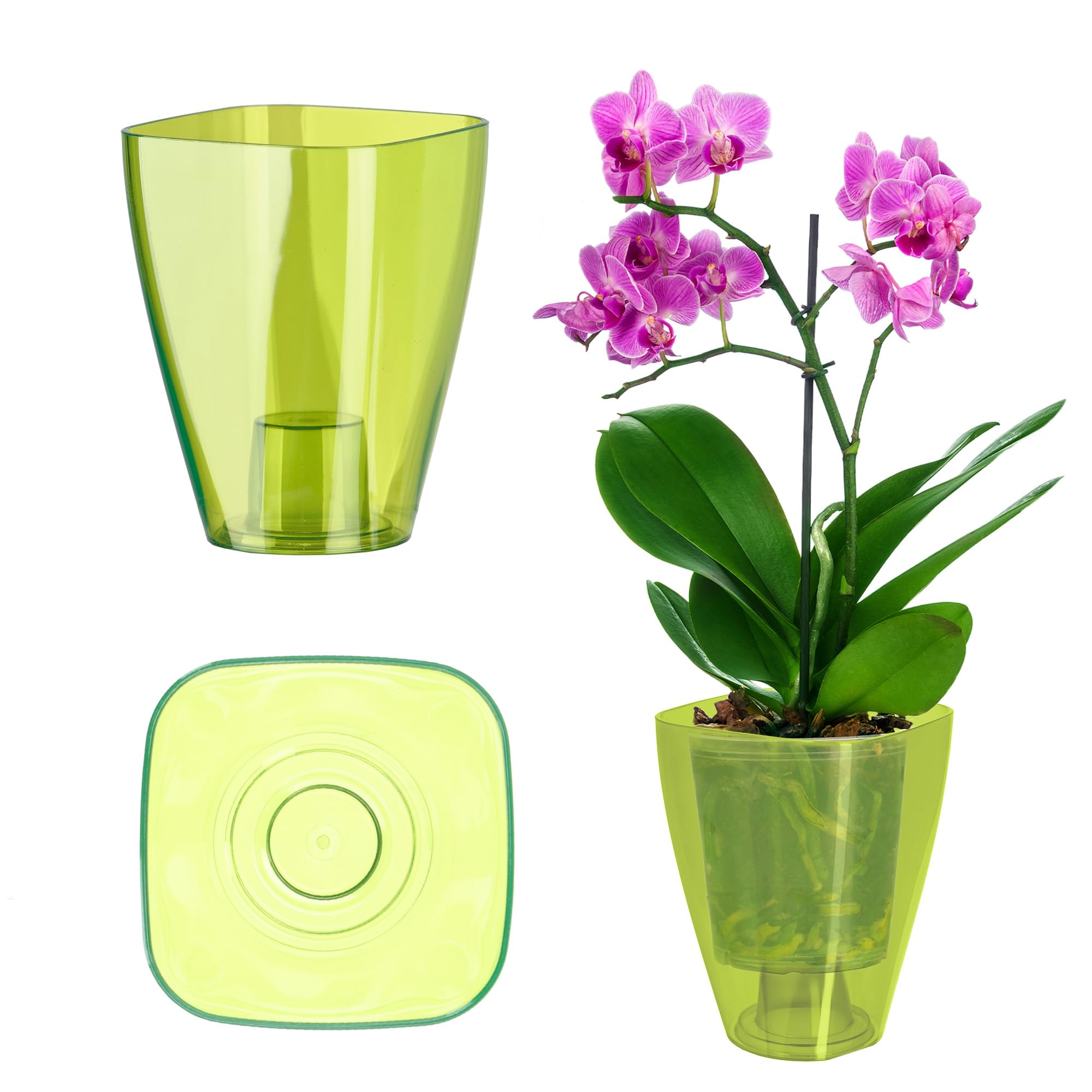 KADAX Orchid Pot, Plastic Flowerpot in Several Colours, Lightweight Plant Pot in Multiple Sizes, Elegant Pot for Living Room, Office and Bedroom (⌀9 cm, Square, Green)