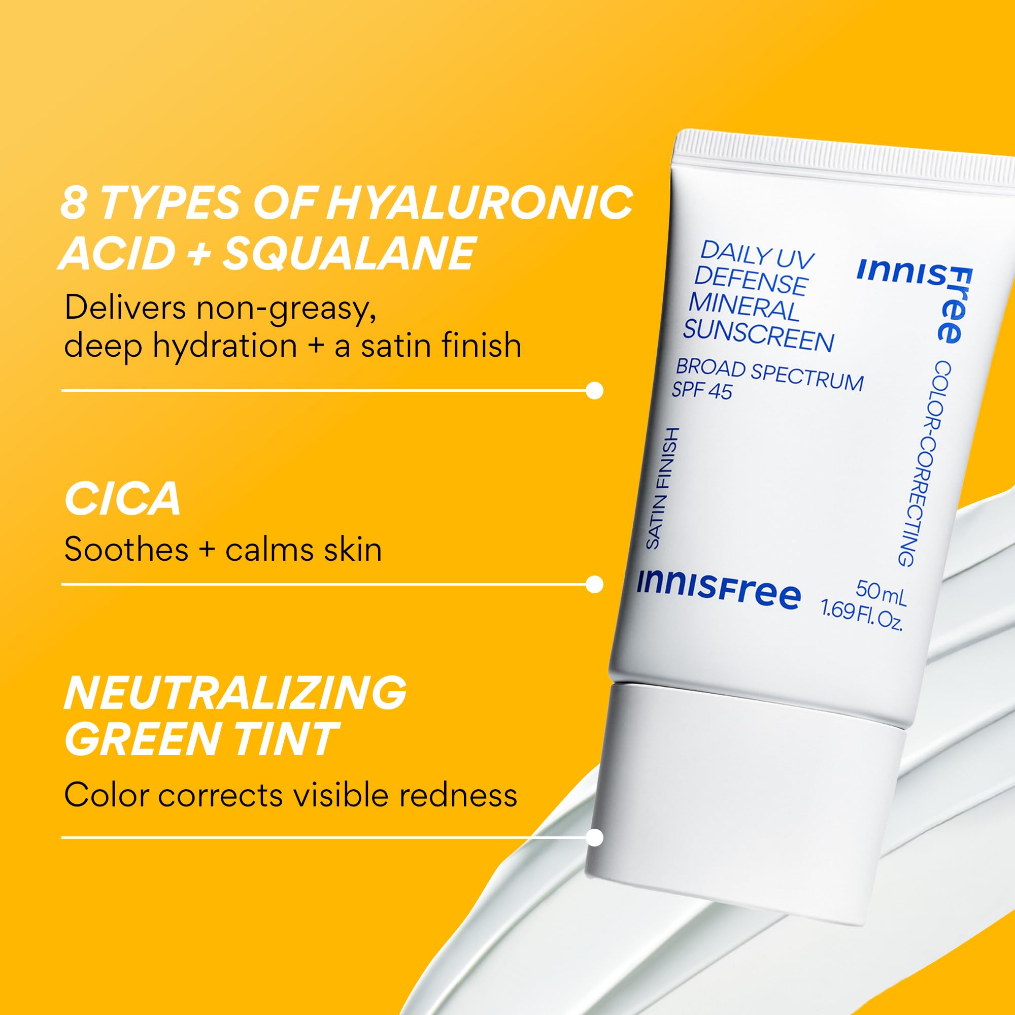 innisfree Daily Mineral UV Defense SPF 45 Face Sunscreen with Green Tint | Color Correcting | Hyaluronic Acid | Korean Skincare