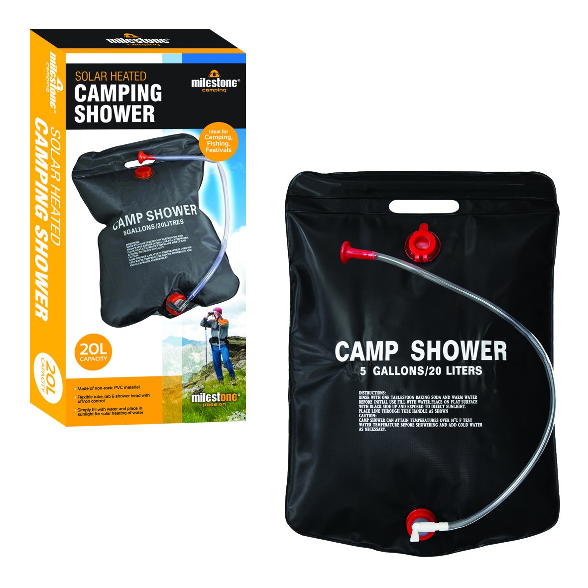 Milestone Camping Solar Shower - Black, 20 Litres
