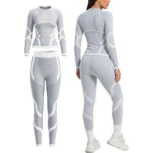 Women Seamless Ski Base Layer Set, Long Sleeve Top & Leggings, Thermal Underwear for Snowboarding