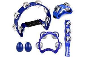 MOONBACK Tambourine, 4 Bells Tambourine, Foot Tambourine, Metal Jingles Hand Held Percussion,Tambourine For Adults,Half Moon Tambourine And Egg Shakers, Tambourine Stick Blue