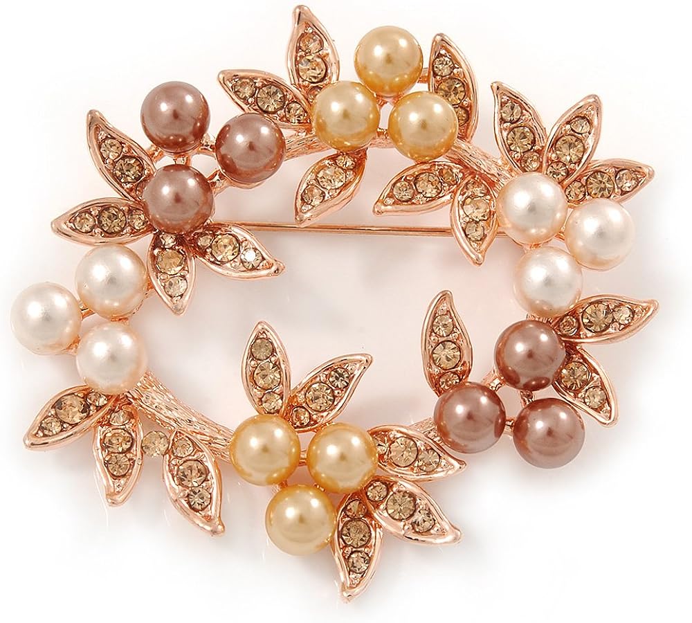 White/Brown/Light Orange Faux Pearl, Crystal Wreath Brooch In Rose Gold Tone Metal - 55mm W, white / ivory, gold, brown, copper, orange