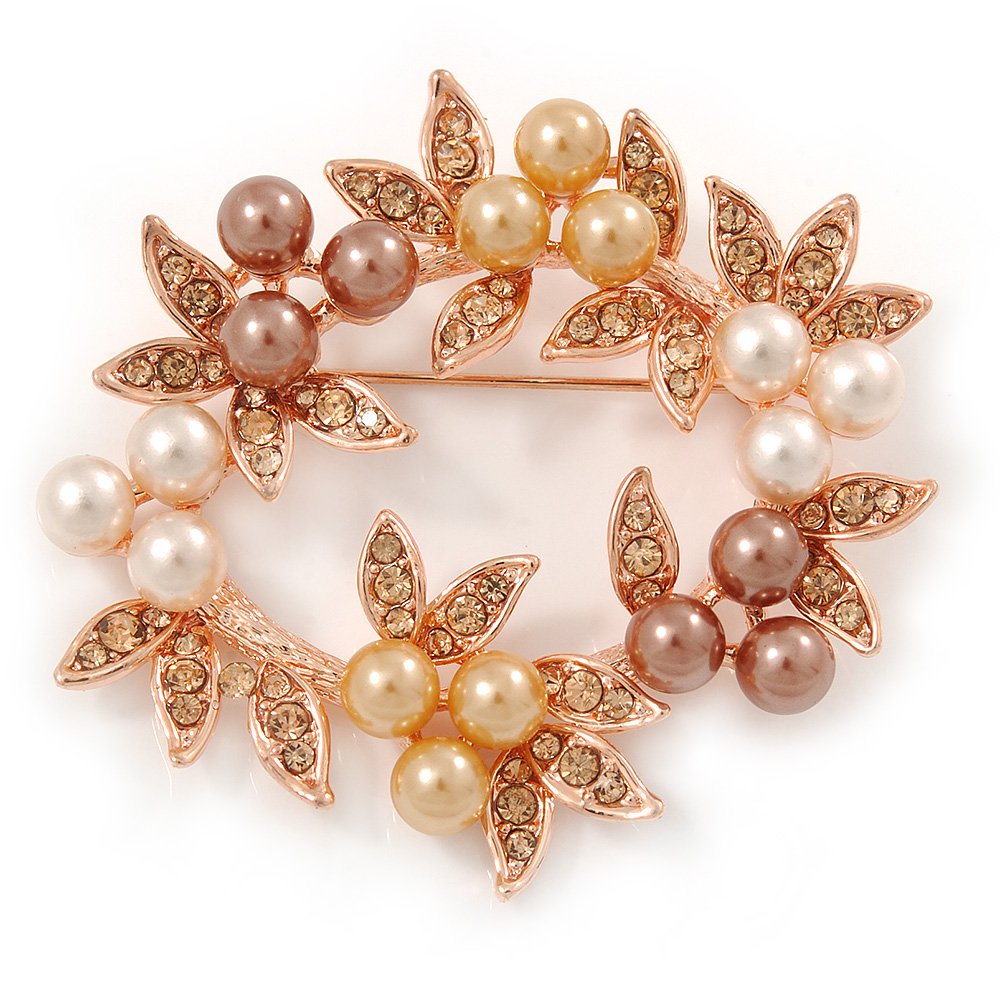 White/Brown/Light Orange Faux Pearl, Crystal Wreath Brooch In Rose Gold Tone Metal - 55mm W