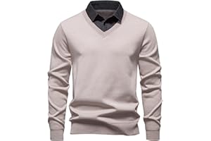 Xiaojmake Mens V Neck Knitted Pullover Sweater Fake Two-Piece Lightweight Wool Blend Long Sleeve Collared Thermal Sweaters