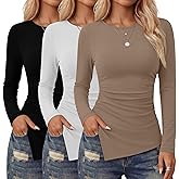 Velvelhall 3 Pack Long Sleeve Shirts for Women, Crew Neck Asymmetrical High Low Split Ruched Cute Y2K Going Out Workout Tops