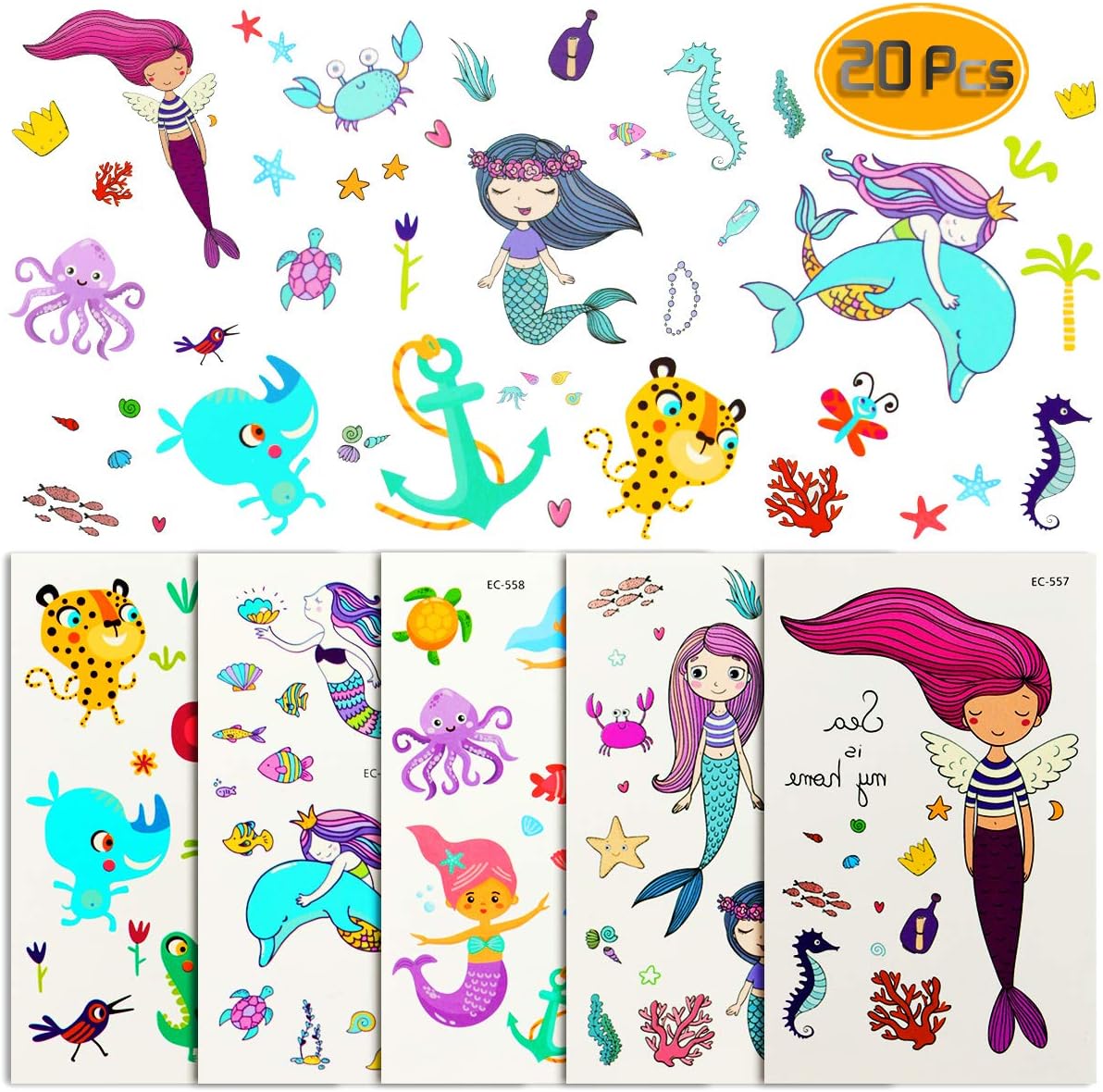 Oruuum 15 Sheets Waterproof Temporary Tattoo Stickers For Kids, Ocean Series Tattoos Combine For Girls' Birthday Parties And Parties, Great Children's Party Accessories.