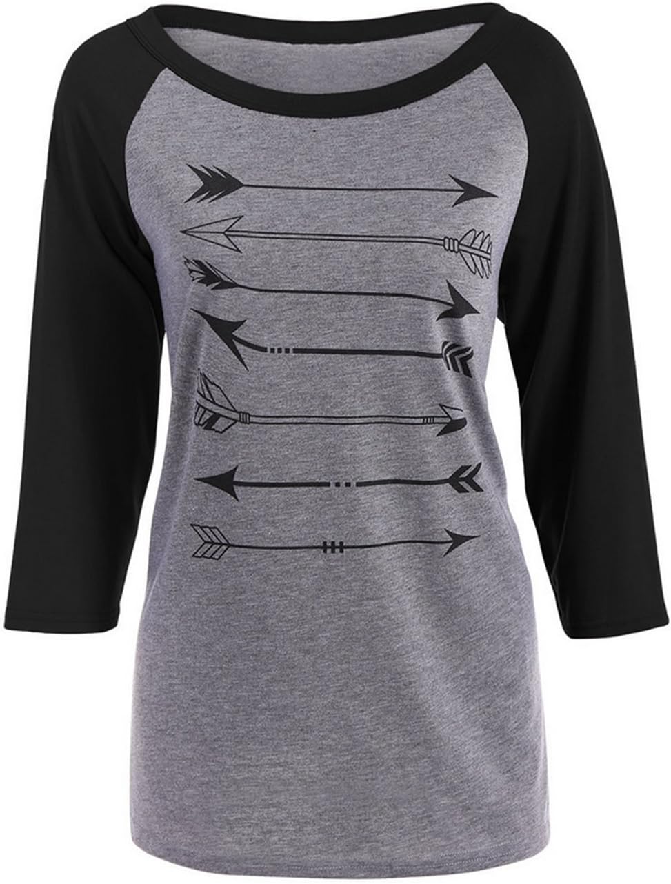 Women's Arrow Printed Stitching T-Shirt Round Neck 3/4 Sleeve Cotton Tops Size M (Black)