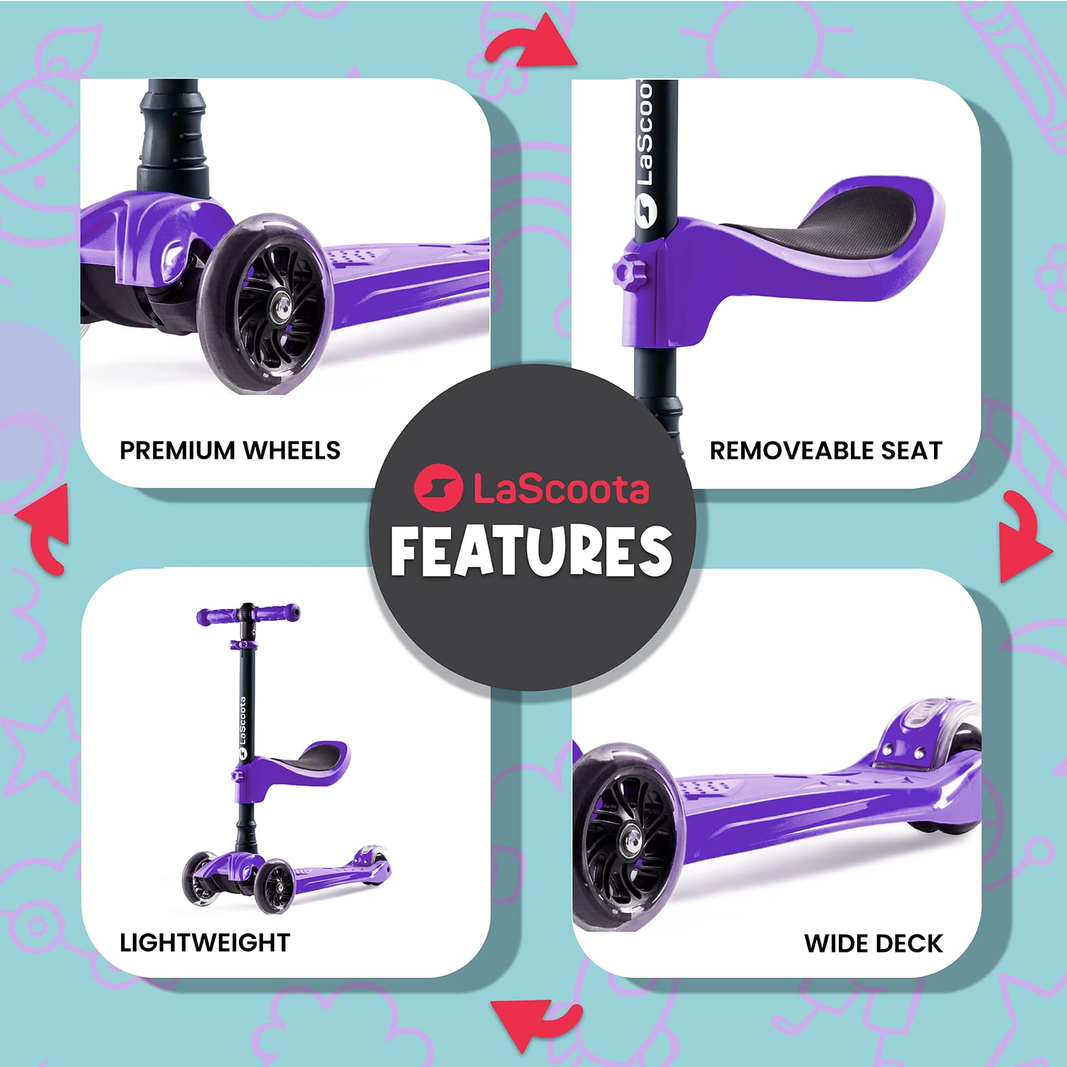 LaScoota 2-in-1 Kids Kick Scooter, Adjustable Height Handlebars and Removable Seat, 3 LED Lighted Wheels and Anti-Slip Deck, for Boys & Girls Aged 3-12 and up to 100 Lbs.