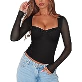 PINKMSTYLE Womens Sheer Mesh Lace Trim Tops Long Sleeve Square Neck Going Out Top Date Night Out Outfits