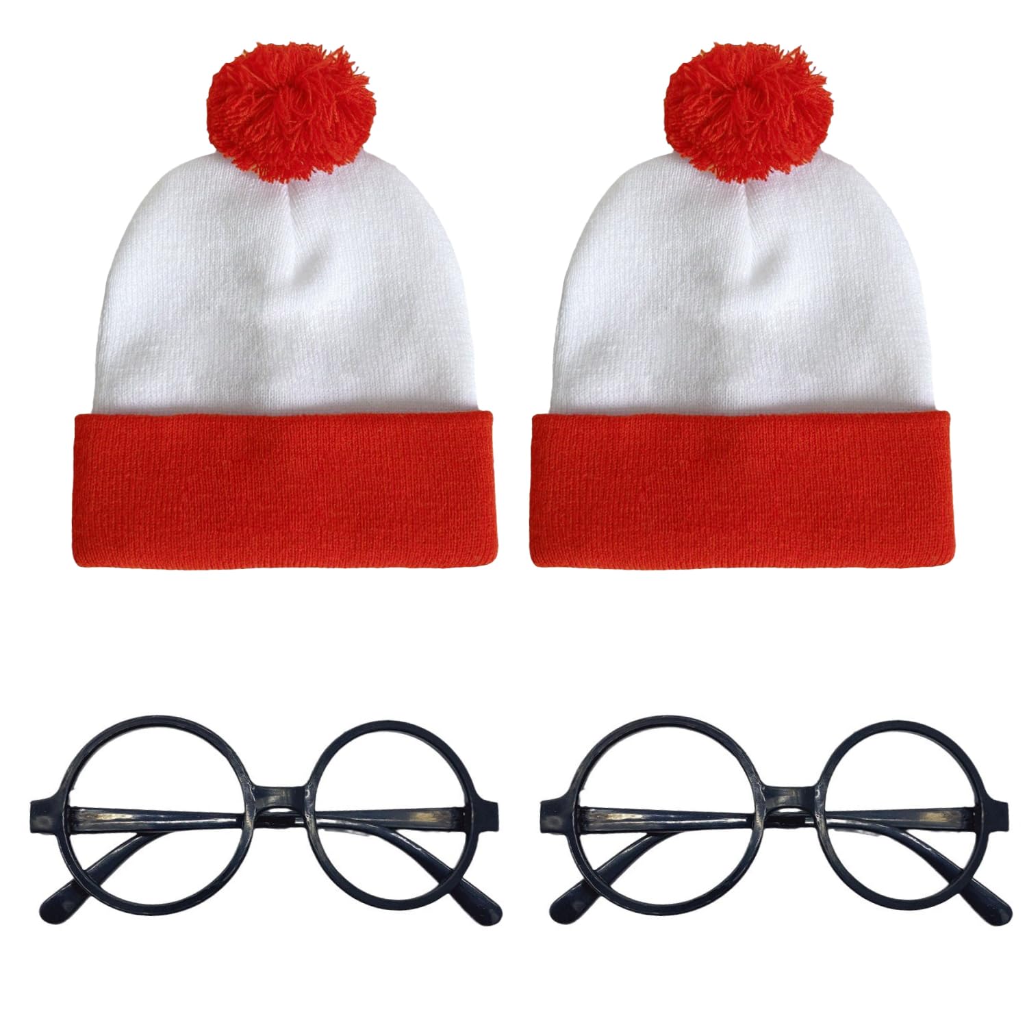 Miaija 4Pieces Wally Costume Set Red and White Hat and Black Glasses Funny Wally Character Cosplay Costume Accessories for Book Week Fancy Dress Party