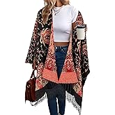Beautiful Nomad Women's Retro Style Poncho Cape Boho Shawl Wraps Ruana Printed Tassel Cardigan for Spring Fall Winter