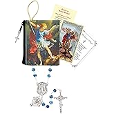 Saint Michael Rosary - Laminated Holy Card, Rosary Pouch, The Lord's Prayer - Blue Glass San Miguel Arcangel Beads, Catholic Cards Set - 4 Items
