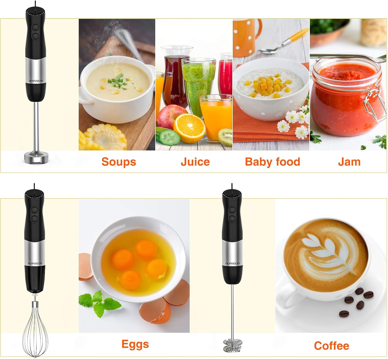 Immersion Blender, HOPVISION 1000W 12-Speed Hand Blender, 5-in-1 Hand Blender Set with Turbo Mode, Includes Stainless Steel Stick Blender, 500ml Chopper, 600ml Beaker, Milk Frother and Whisk, BPA-Free: Kitchen & Dining