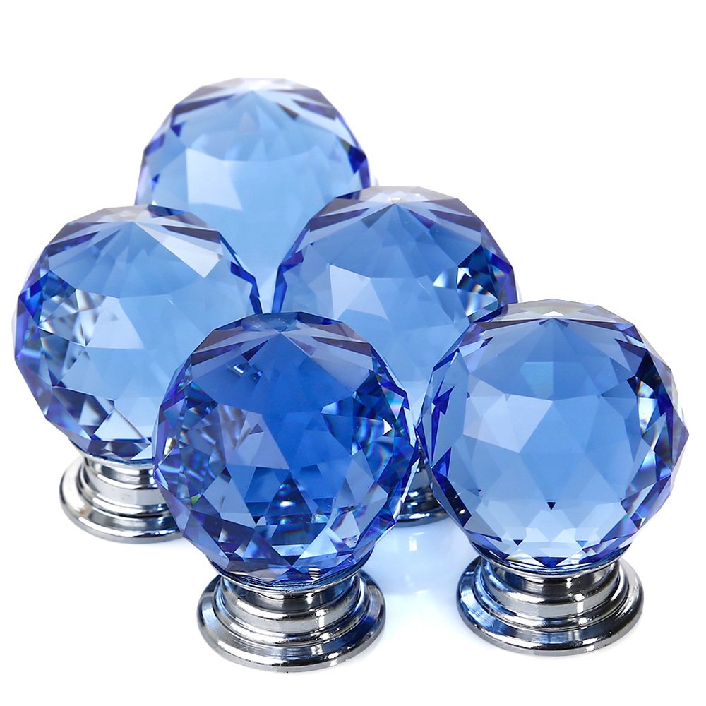 Crystal Door Knobs, 5 X 30MM Crystal Glass Diamond Cut Door Knobs Kitchen Cabinet Drawer Knobs with Screw for Home Decorating, Blue