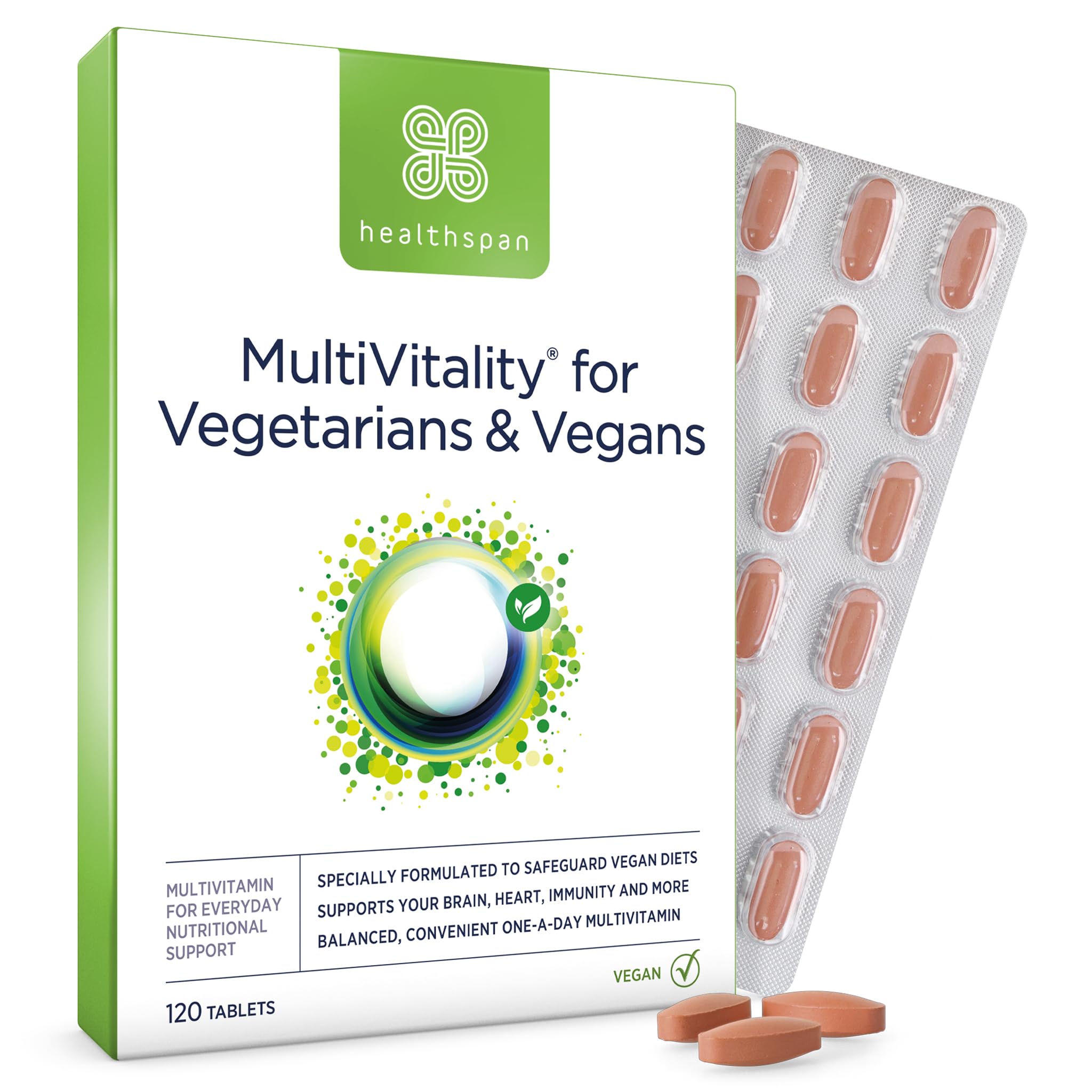 Healthspan Multivitamin for Vegetarians & Vegans (120 Tablets) | Winner Vegan Choice Awards | for Your Brain, Heart & Immunity | Supports Energy Levels & Overall Wellbeing | with Vitamin B12 | Vegan