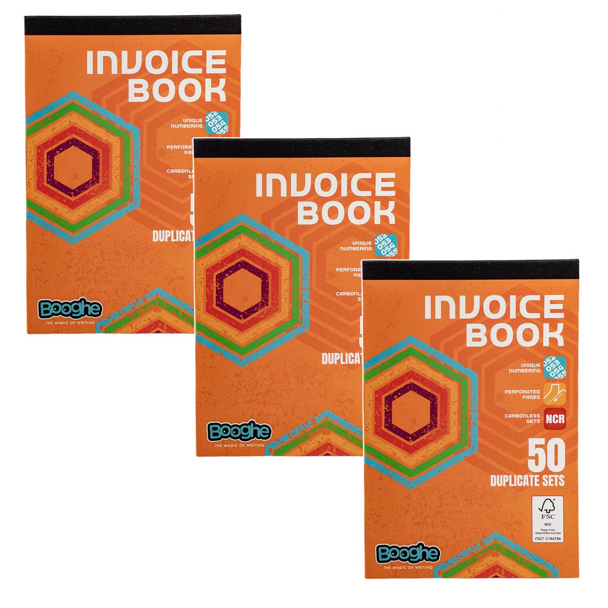 Booghe Invoice Duplicate Book – Carbonless NCR Copies, 50 Sequentially Numbered Sets, 137 x 203mm, Perforated Pages, FSC Paper – Ideal for Business & Sales - Pack of 3