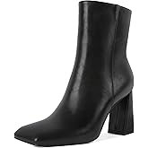 Eldof Square Toe Ankle Boots for Women Block Heel Chunky Gogo Boots High Heeled Short Booties Side Zipper 3 Inches