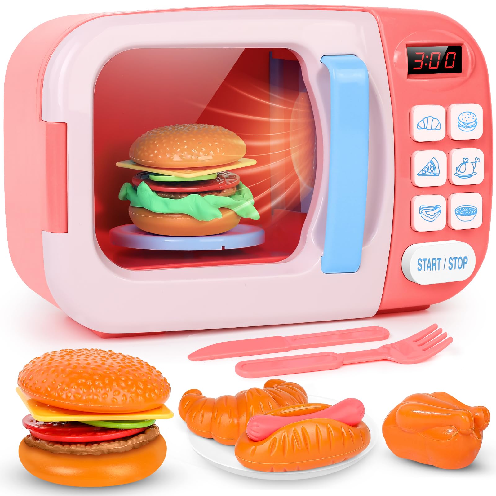 Kids Microwave Toy with Light and Sound, Microwave Oven with Pretend Play Kitchen Accessories and Play Food for Toddlers 3 Year Old Up Girls Boys (Pink) — image 1