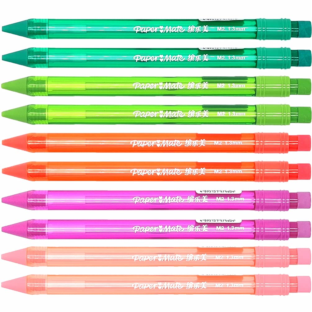 10 x PaperMate ‘MATES’ Handwriting Triangular Mechanical Pencil with Eraser, Thick 1.3mm Lead, Assorted Clear Colours - Loose in Plain Packaging [ASIA IMPORT]