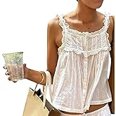 Womens Boho Lace Trim Tank Y2k Tie Front Button Down Crop Top Flowy Lace Babydoll Cami Top Beach Vacation Vest