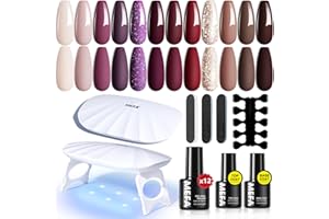MEFA 19 Pcs Gel Nail Polish Kit with U V Light, 12 Colors Fall Gel Nail Polish Set Burgundy Red Champagne Gold Glitter Soak Off Purple Manicure Tools Beginners Salon Art Nails Art DIY for Women