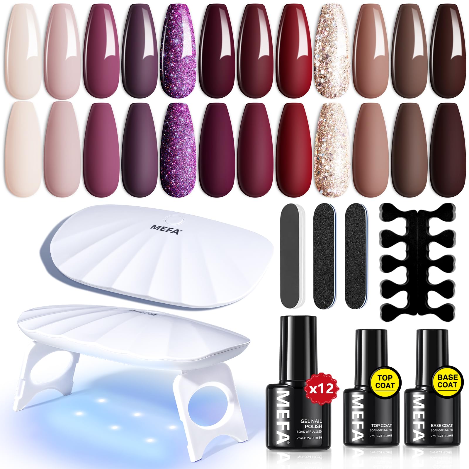 Photo 1 of MEFA 19 Pcs Gel Nail Polish Kit with U V Light, 12 Colors Fall Gel Nail Polish Set Burgundy Red Champagne Gold Glitter Soak Off Purple Manicure Tools Beginners Salon Art Nails Art DIY for Women