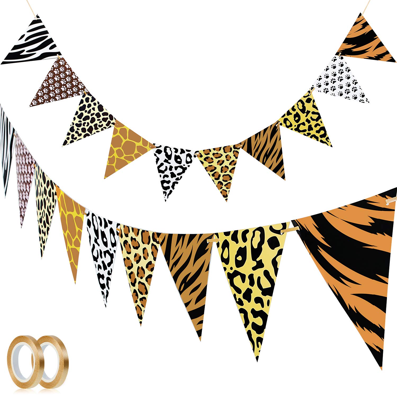 2 Pieces Jungle Safari Animal Themed Bunting Banner Leopard Print and Drawstring for Baby Shower, Birthday, Anniversary, Animal Party Decoration