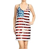 Anna-Kaci Women Spaghetti Strap Sleeveless USA American Flag Patriotic Sequin Mini Dress