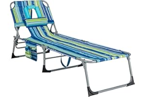 GYMAX Tanning Chair, Folding Beach Lounger with Face Arm Hole, Adjustable Backrest, Side Pocket & Carry Handle, Outside Sunbathing Lounge Chair for Patio, Poolside, Lawn (1, Blue Stripe)