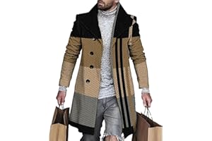 BIVENANT Plaid Trench Coat for Mens Lapel Single Breasted Slim Jacket Overcoat Vintage Graphic Wool Blend Formal Pea Coats