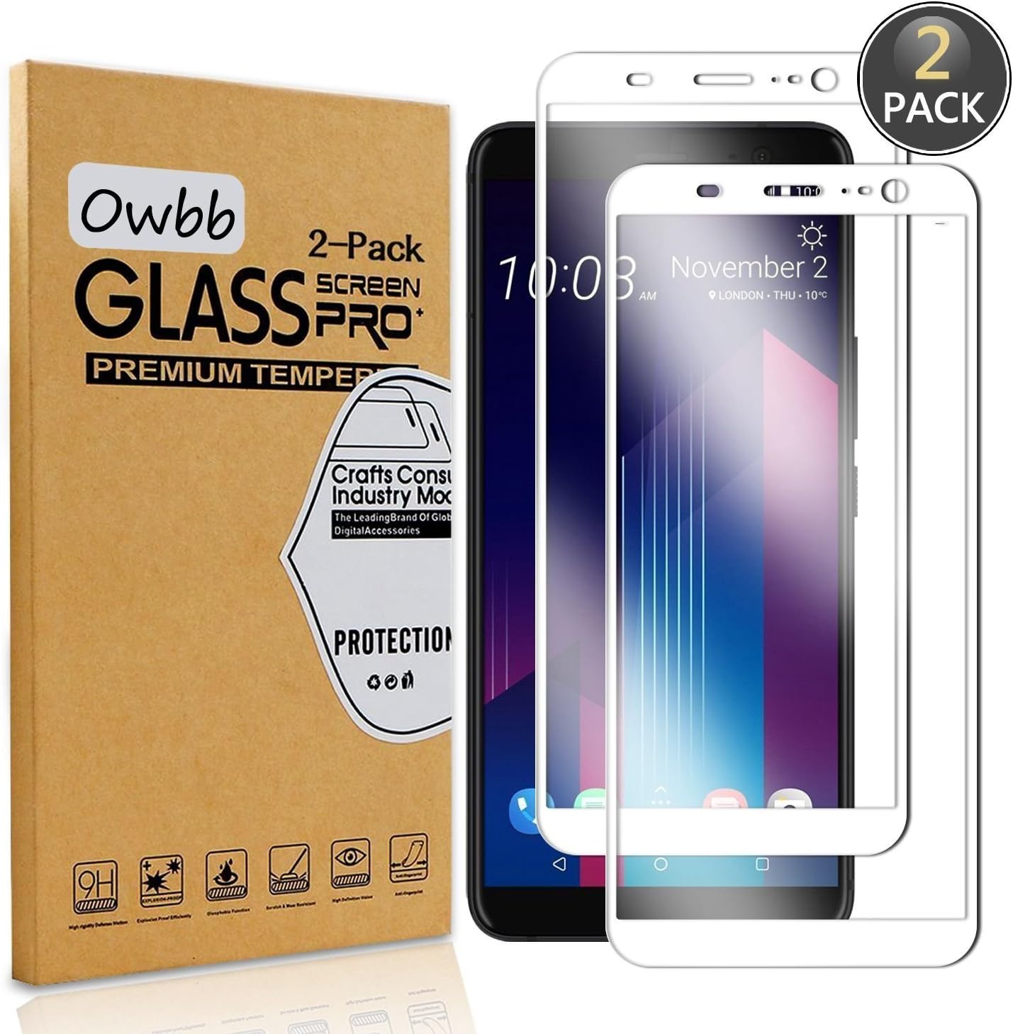 Owbb [2 Pack] Tempered Glass Screen Protector For HTC U11+/U11 Plus White Full Coverage Film 99% Hardness High Transparent Explosion-proof