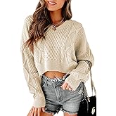 Tankaneo Women's V Neck Cropped Sweater Long Sleeve Crop Top Cable Knit Oversized Pullover Sweater