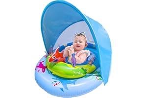 RAYBITU Inflatable Baby Pool Float with UPF50+ Sun Protection Canopy, Adjustable Safety Seat & Interactive Toy Play Console - Includes Ocean Animal Toys for Infants & Toddlers 3-36 Months