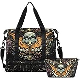 MNSRUU Travel Duffel Tote Bag Mysterious Skull Horoscope Black Gold Marble Stripe Sports with Wet Pocket Weekender Overnight for Women Men Gym Bag, Carry On Hospital Labor & Delivery