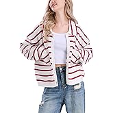 chouyatou Women's Button Down Striped Cardigan Sweater Polo Collar Open Front Knit Jacket 2024 Fall Outfits