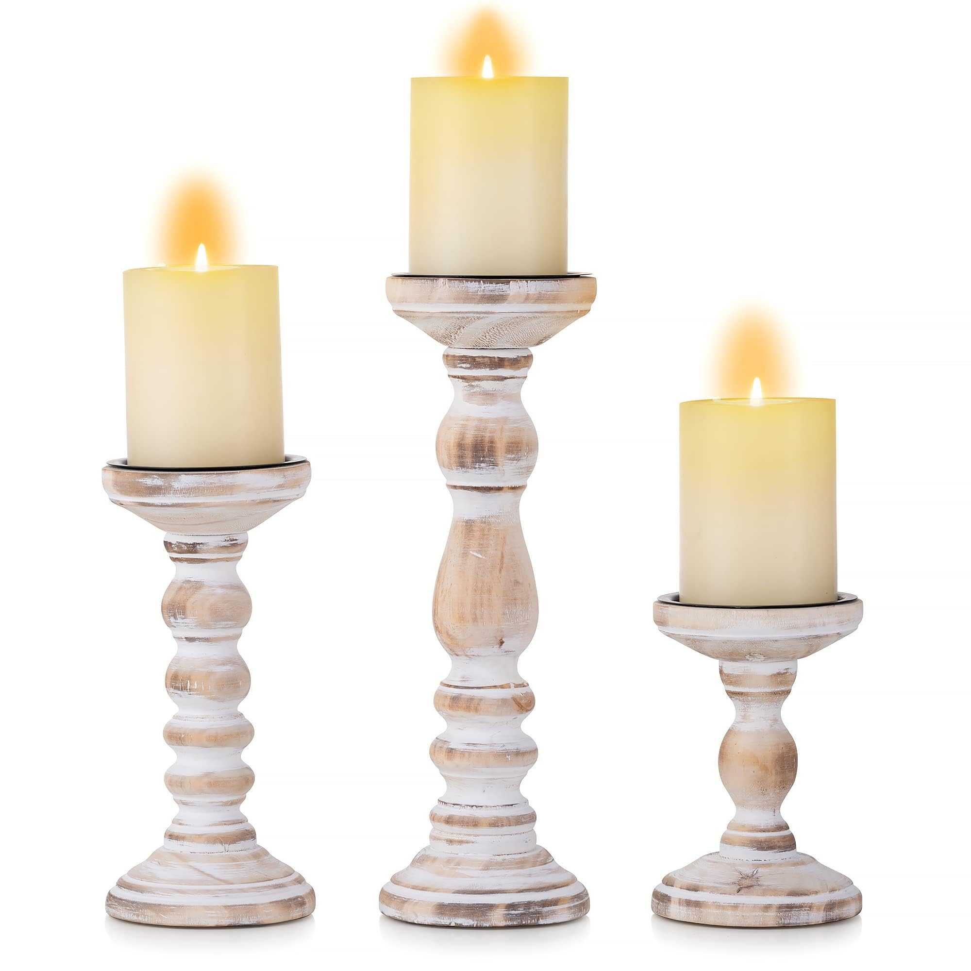 Inweder Wood Candle Holders for Pillar: Rustic Candle Holders Distressed Wooden Farmhouse Candleholder for Home Decor Tall Pillar Candle Holder for Fireplace Table Party Event (1, Distressed White)