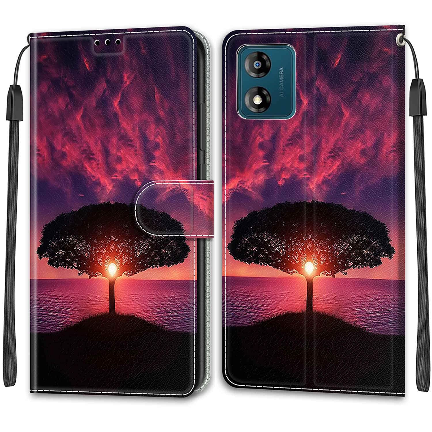 Motorola Moto E13 Case, Flip Folio Leather Wallet Phone Cover with Magnetic Closure Card Slots Kickstand Shockproof Silicone Bumper Protective Case for Motorola Moto E13, Tree Sunset