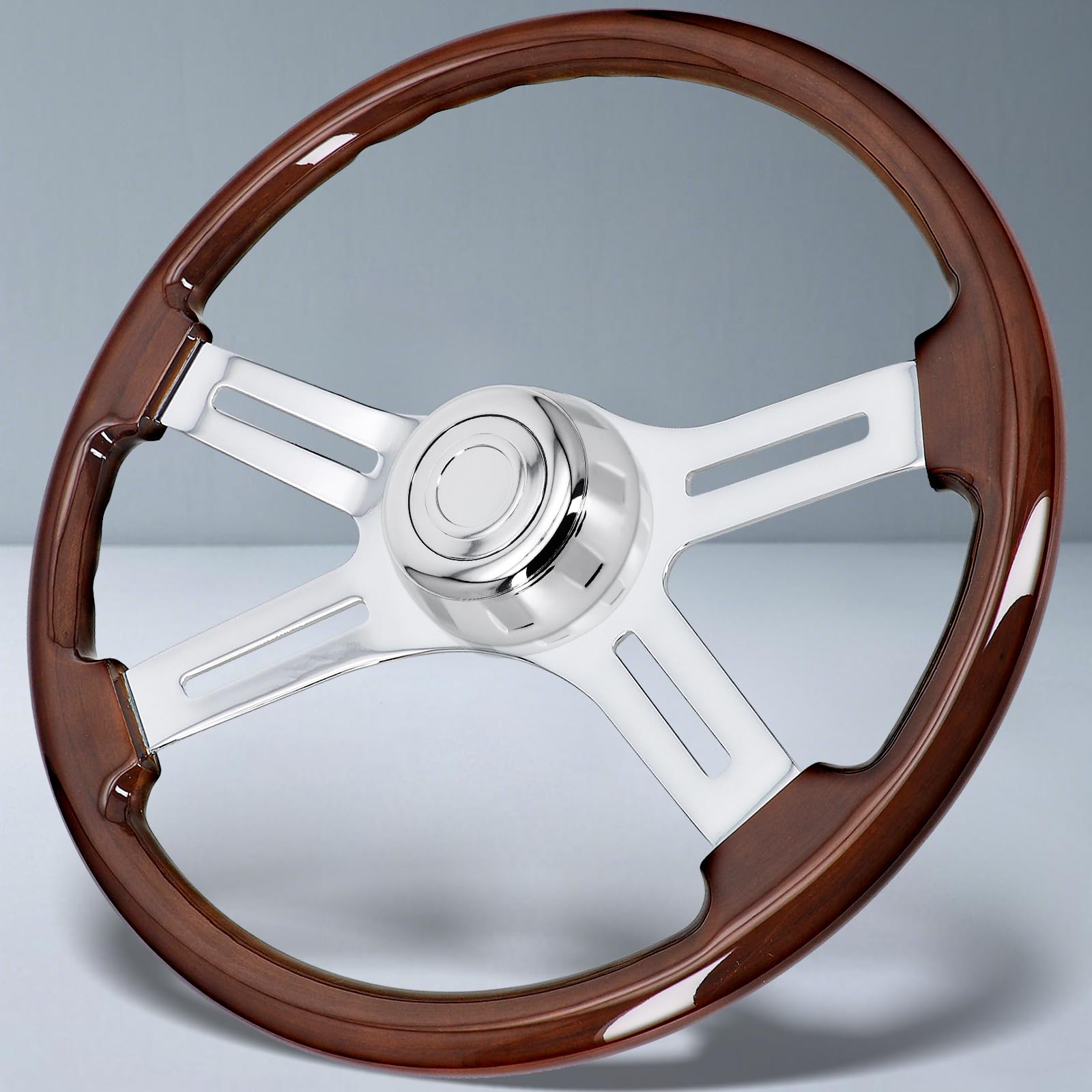 Photo 1 of Sorghum 18" Solid Wood Steering Wheel - 4 Spokes Aluminum Chrome Classic Steering Wheel with Horn Button for Semi-Trailers Trucks Compatible with Mack Kenworth Peterbilt Volvo Freightliner