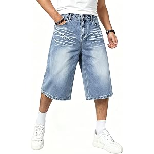 HENGAO Mens Baggy Jean Shorts Loose Fit Wide Leg Denim Shorts Casual Long Below Knee Jorts