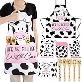 Funnymoom 10 Pcs Valentines Day Cow Kitchen Gift Set for Women Include Apron Oven Mitts Pot Holder Dish Towel Cooking Utensil Kit