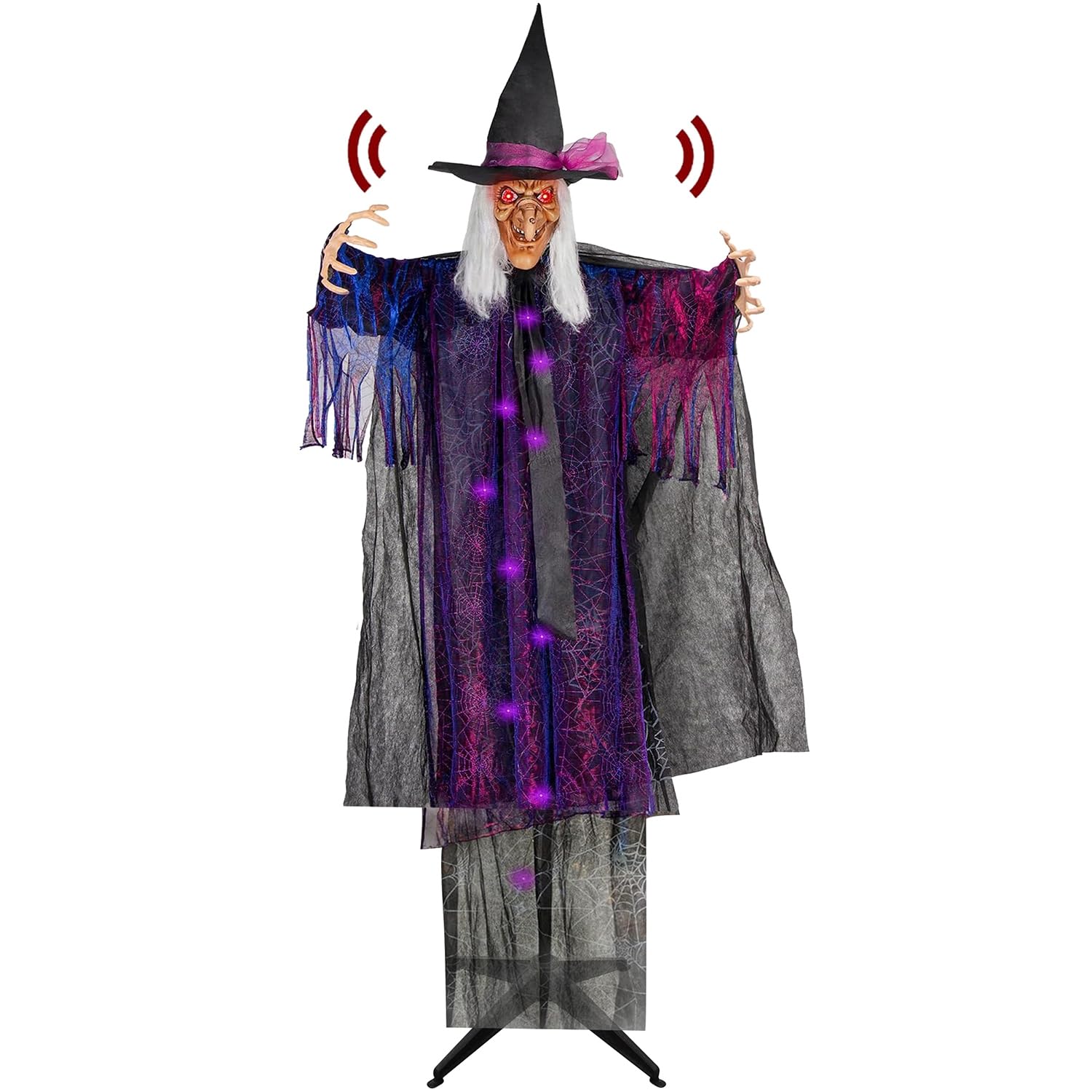 Photo 1 of yosager 6FT Halloween Standing Witch with Scary Sound Effect & Red Eyes, Life Size Animated Scream Witch with Base, Halloween Haunted House Scary Props, Theme Park Horror Layout Party Decoration