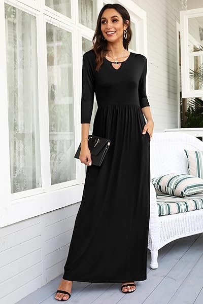 WNEEDU WOMEN’S 3/4 SLEEVE SOLID LOOSE CASUAL HOLIDAY MAXI DRESSES WITH POCKETS (S,BLACK)