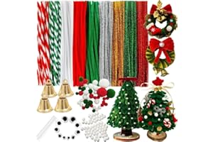 NAFUXIAJJIA Xmas Pipe Cleaners Kit with 200 Pcs Pipe Cleaners Colourful in 11 Colours(Red,Green,Write,Glitter),50 Pom Poms,40 Pearls, 10 Googly Eyes,4 Small Bells,Glue Sticks