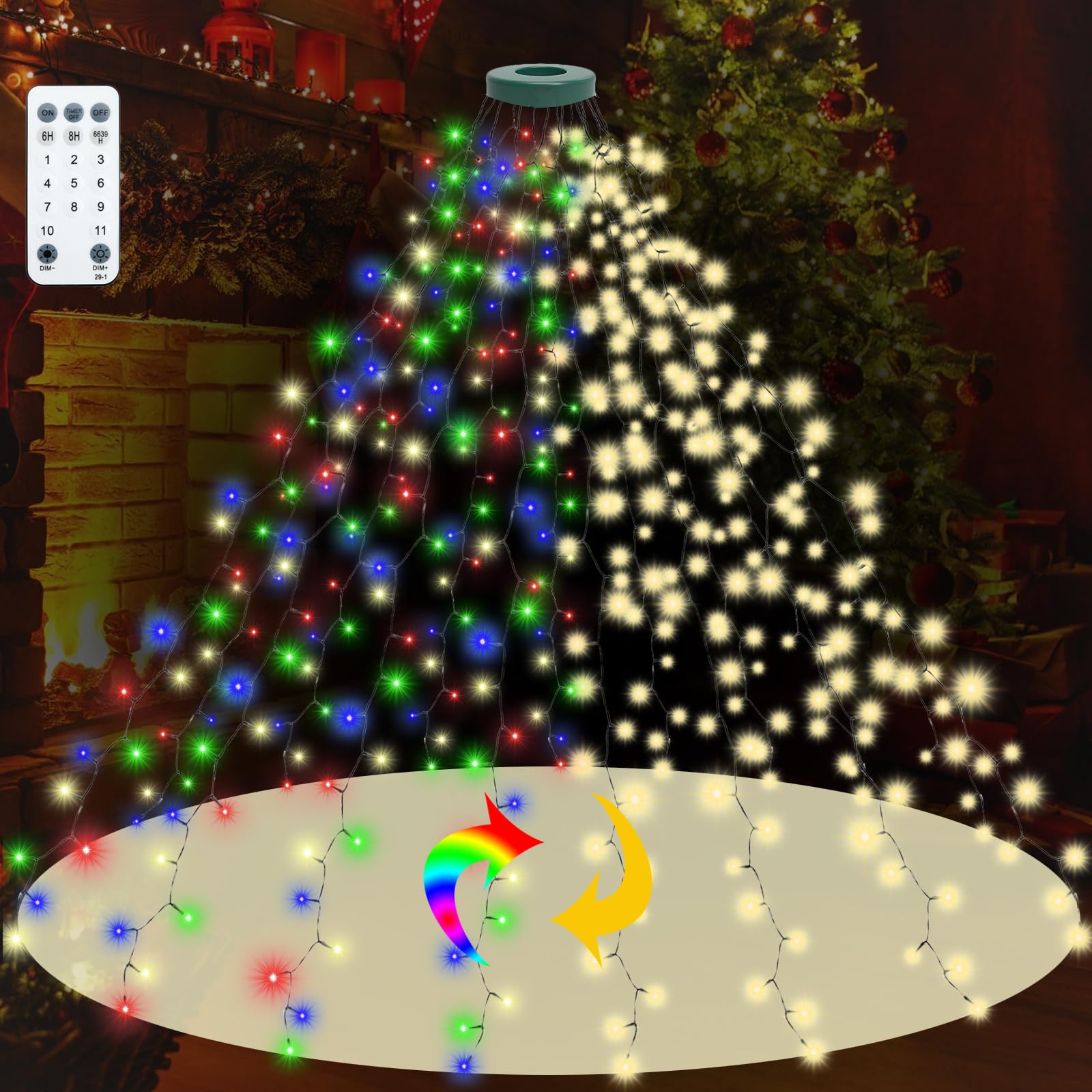 Photo 1 of 9.2ft x 16 Lines Multicolor to Warm Color Changing Christmas Tree Lights with Ring, 480 LEDs Xmas Strings Light w/Remote,11 Light Modes, Timer & Memory Function for 5-9.2ft Christmas Tree Decorations