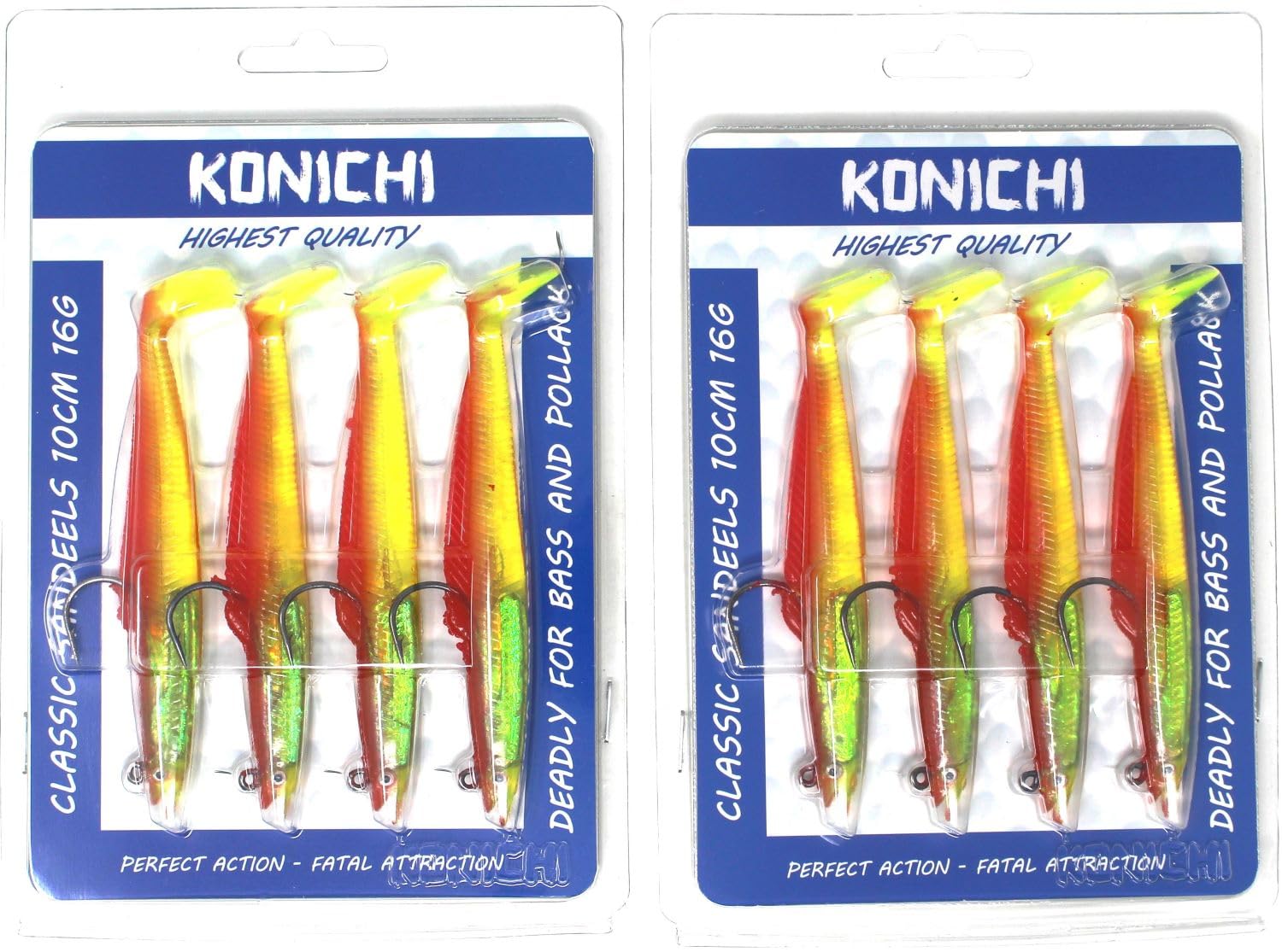 FISHZONE - 8 (2 x 4) Pack KONICHI CLASSIC SANDEEL Fishing Lure 4" 10cm 13g Soft Rubber Imitation Bait Range (6 Colours Available) For Predatory Fishing (Rhubarb & Cheese)
