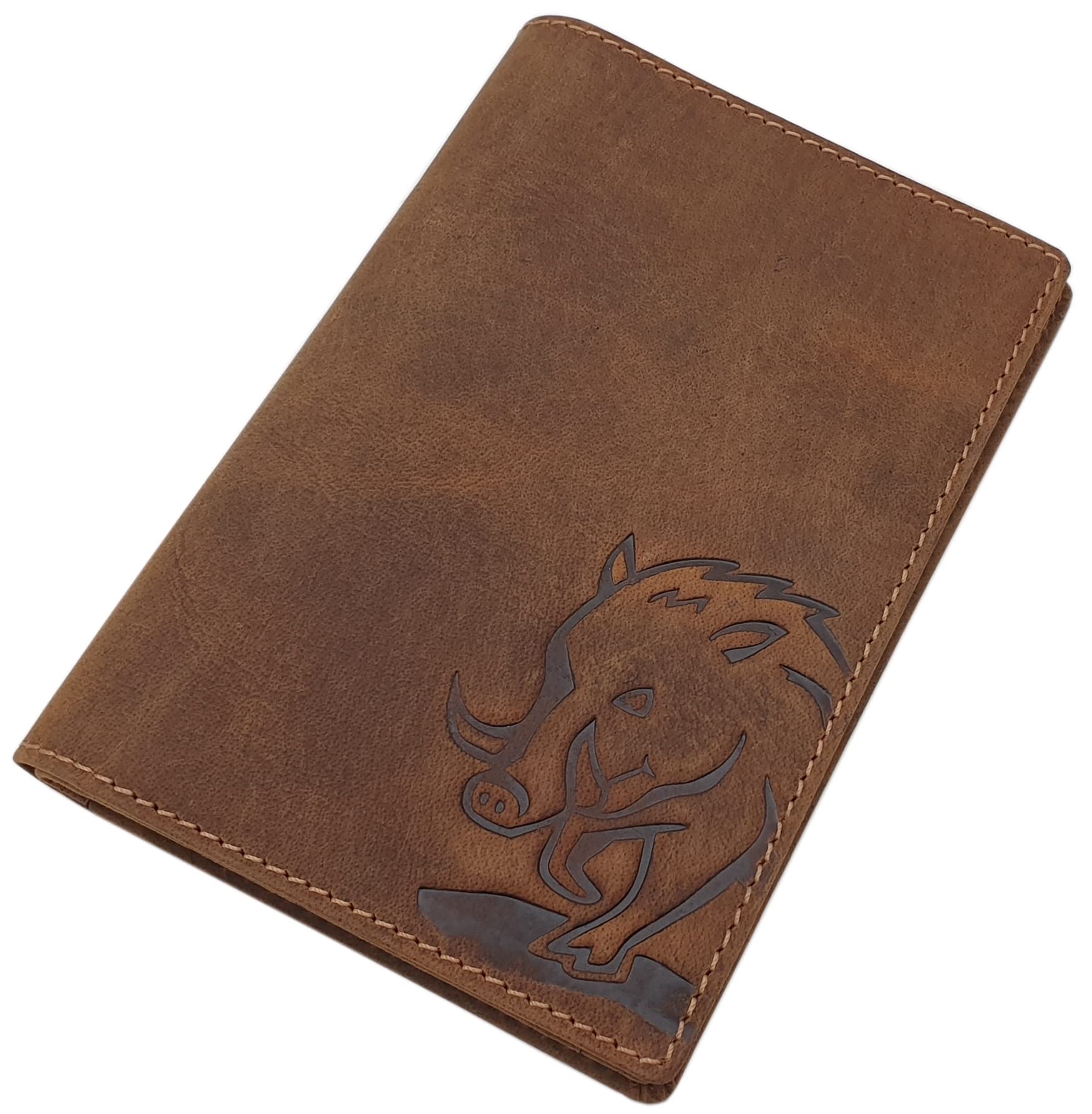 myledershop Buffalo Full Leather ID Card Holder with Deer-, Wild-Boar-, or Fish-Motif in Brown (Wild Boar Motif)