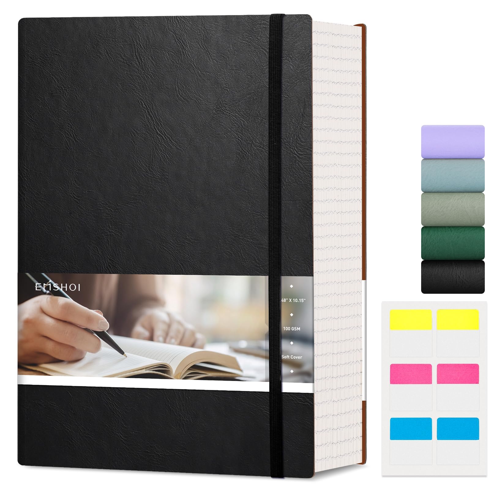 EMSHOI Composition Notebook B5-400 Pages 100GSM Thick Ruled Notepad, Large Lined Journal Vegan Leather Softcover Daily Note Book for Women Men Work School Office Writing (19 x 25 cm, Black)