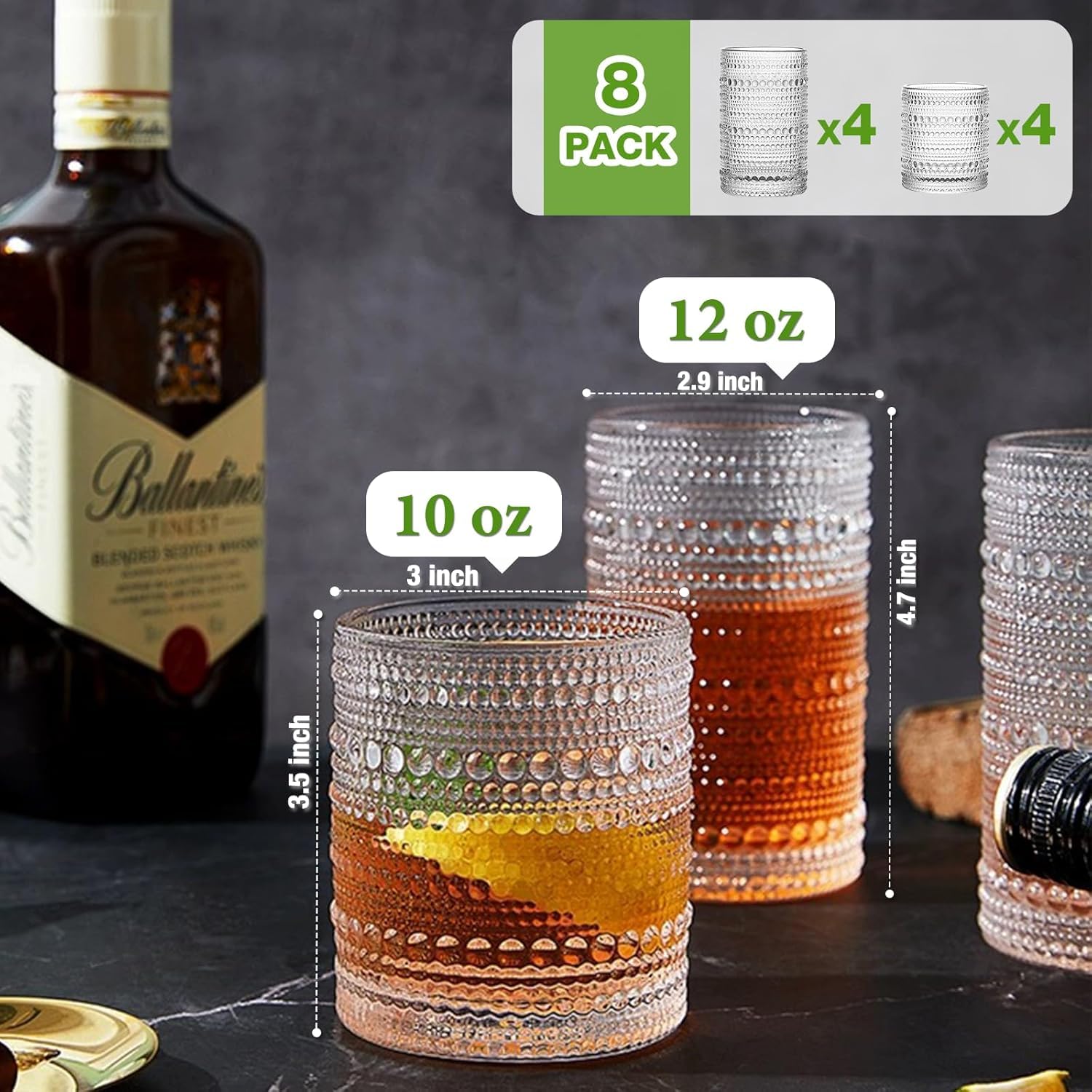 Vintage Hobnail Drinking Glasses Set of 8, 12 oz Highball Glasses & 10 oz Cocktail Glasses Set, Kitchen Water Glasses Cup, Bar Tumbler Glassware Set for Beer, Juice, Cocktail, Whiskey, Milk