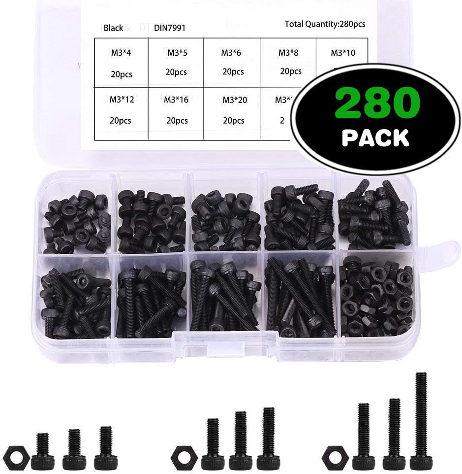WAM Direct280 Pcs M3 M4 M5 Alloy Steel Hex Socket Head Cap Screws Nuts Assortment Kit with Nuts Assortment Kit for 3D Printed Project